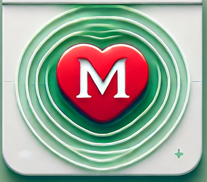 Red heart with green ripples and the letter M in the center.