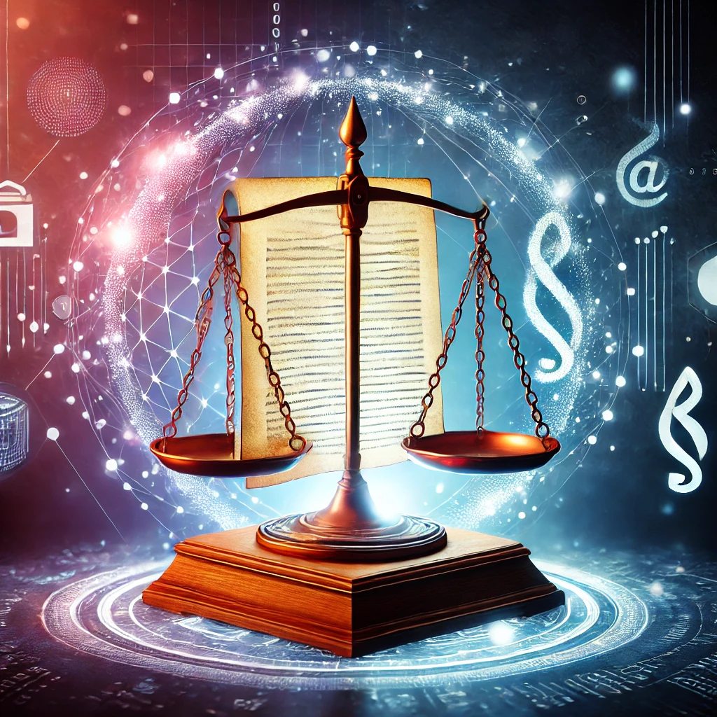 A balance scale with a glowing document, symbolizing legal protection, terms of service, and user rights in digital agreements."